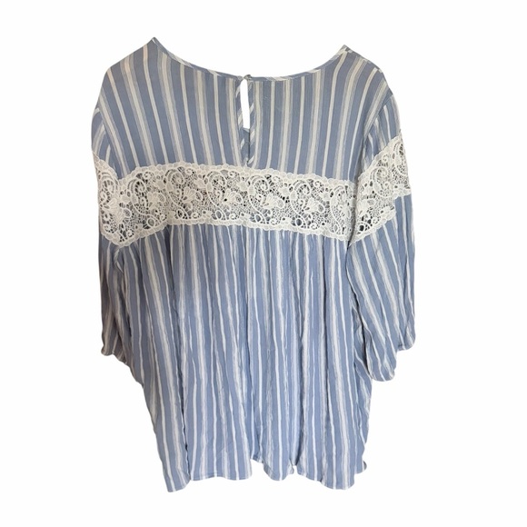 Torrid Womens Blue & White Stripe Gauze Blouse Size 3 Crochet Trim 3/4 Sleeves - Picture 5 of 8